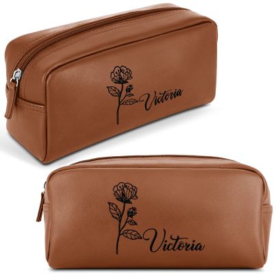 Artsadd Personalized Travel Toiletry Bag for Women, Custom Makeup Bag with Flower & Name - Portable Leather Waterproof Zipper Pouch Cosmetic Organizer Bag, Customized Gifts for Mom Wife Girlfriend