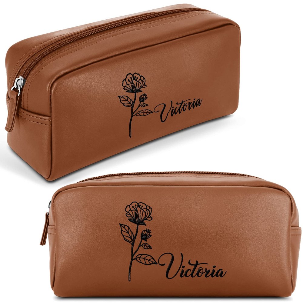 Artsadd Personalized Travel Toiletry Bag for Women, Custom Makeup Bag with Flower & Name - Portable Leather Waterproof Zipper Pouch Cosmetic Organizer Bag, Customized Gifts for Mom Wife Girlfriend