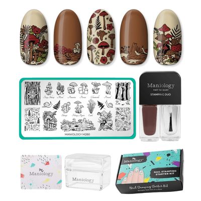 Maniology Magic Mushroom Nail Stamping Starter Kit | Plant-Inspired Nail Art with Whimsical Mushrooms Design for DIY Manicure  Includes Stamping Plate, Polish, Top Coat, Stamper & Scraper Card