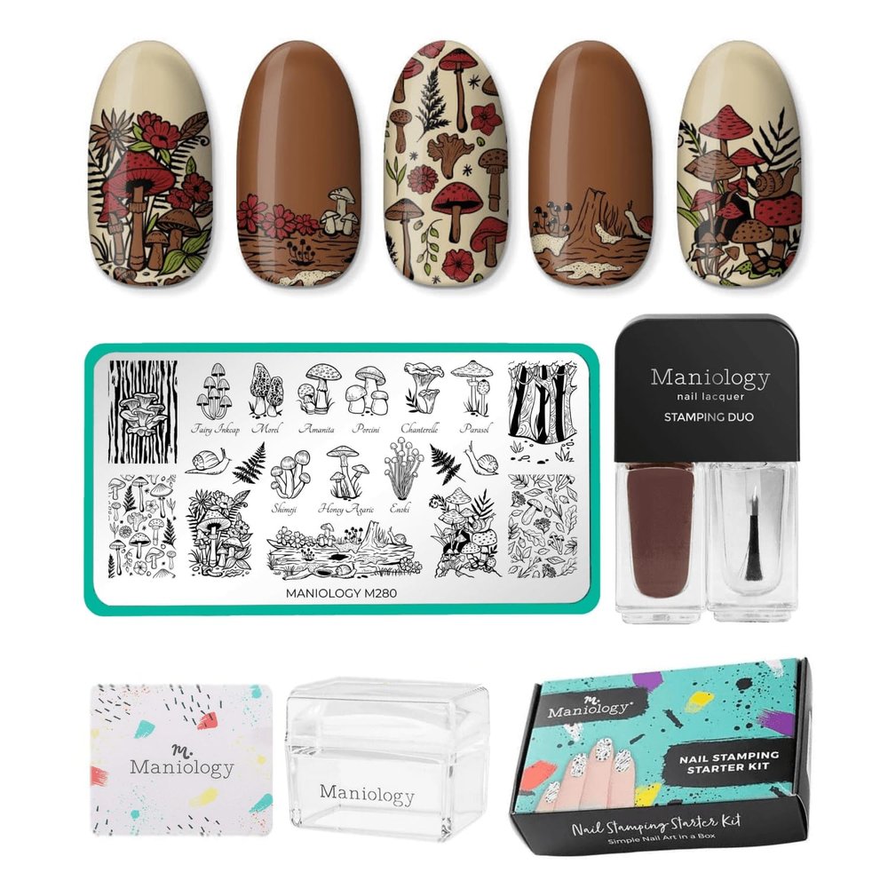 Maniology Magic Mushroom Nail Stamping Starter Kit | Plant-Inspired Nail Art with Whimsical Mushrooms Design for DIY Manicure  Includes Stamping Plate, Polish, Top Coat, Stamper & Scraper Card