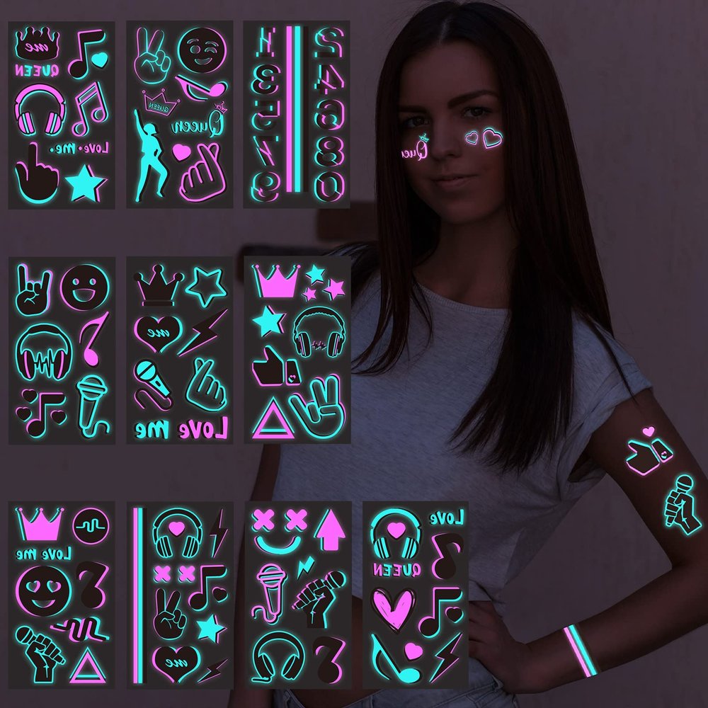 Konsait 10 Sheets Glow in the Dark Tattoos for Kids Adults - Safe and Easy to Use Neon Temporary Music Notes UV Blacklight Tattoos - Glow in the Dark Party Makeup Supplies and Favors
