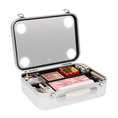 Cbhfmljd Cosmetic Organizer Cosmetic Makeup Train Case White/Pink w/Lights and Mirror, Train Makeup Case Bag w/3 Level LED Light Mirror Portable Large Capacity Makeup Artist Organizer Kit (White)