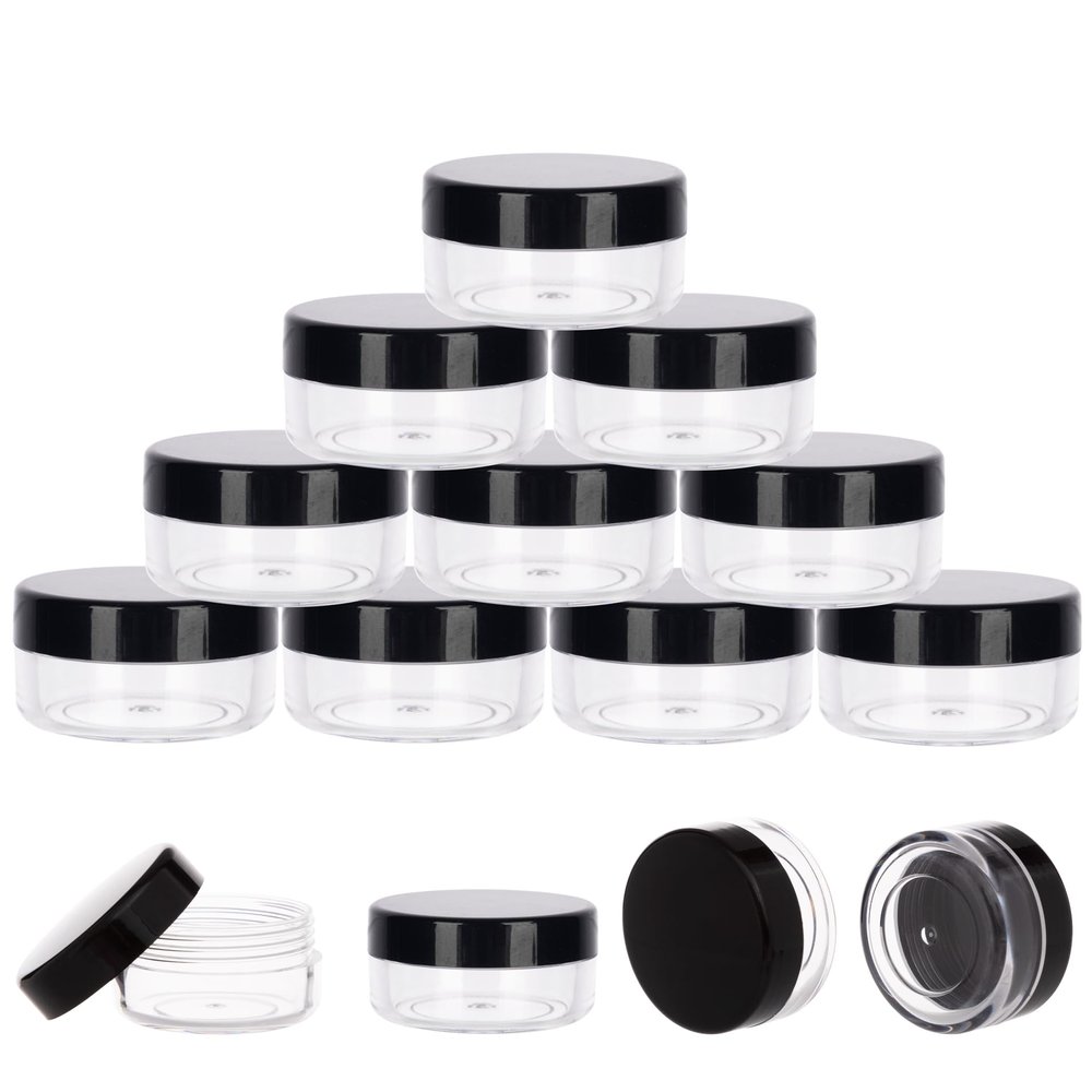10 Gram Sample Containers with Lids, 10 Pack Sample Jars, Small Cosmetic Travel Container for Makeup, Lotion, Cream, Powder, 10 ML Mini Containers with Black Lids