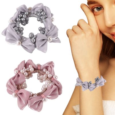 Bow Hair Elastics Ties, Pearl Hair Ties, Hair Ropes Elastic Hair Scrunchies Stretchy Bead Hair Bands Ponytail Holders Boho Hair Elastics Ties for Women(2PCS,Style5)