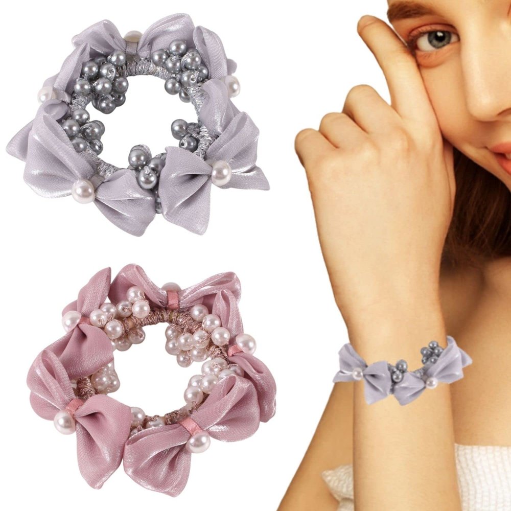 Bow Hair Elastics Ties, Pearl Hair Ties, Hair Ropes Elastic Hair Scrunchies Stretchy Bead Hair Bands Ponytail Holders Boho Hair Elastics Ties for Women(2PCS,Style5)