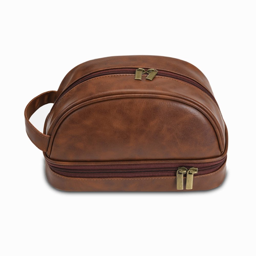Mgiahekc Mens Toiletry Bag PU Leather Waterproof Travel Toiletry Bag Cosmetic Bag with Portable Handle Perfect for Household Business Vacation Groomsmen Gifts,Reddish Brown