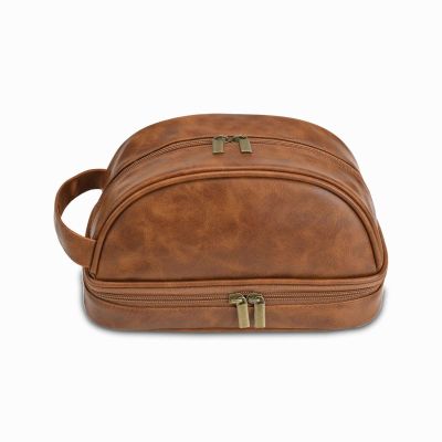 Mgiahekc Mens Toiletry Bag PU Leather Waterproof Travel Toiletry Bag Cosmetic Bag with Portable Handle Perfect for Household Business Vacation Groomsmen Gifts,Yellowish Brown