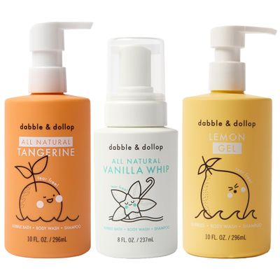 Dabble & Dollop Citrus Kiss Bundle, Natural Bubble Bath, Body Wash & Shampoo for Kids, Paraben & Sulfate Free, Vegan, Gluten-Free, Tear-Free, Tangerine, Vanilla, Lemon (Set of 3)
