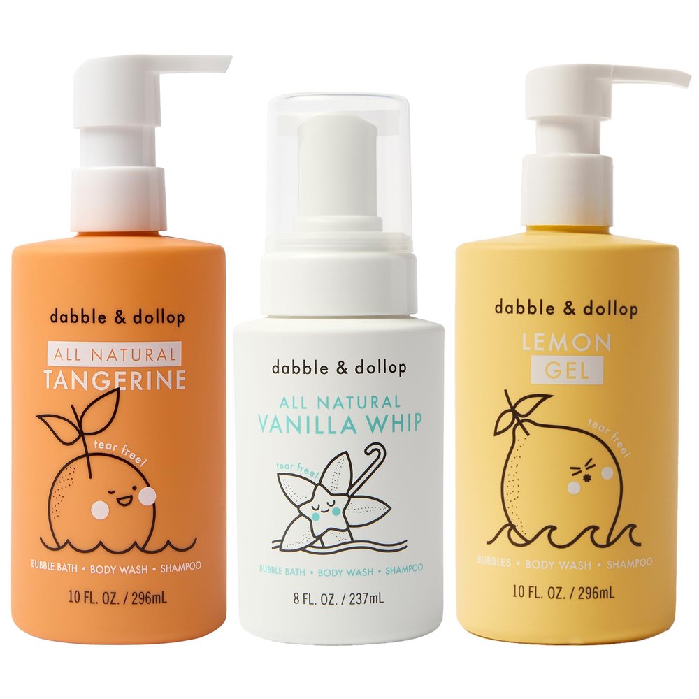 Dabble & Dollop Citrus Kiss Bundle, Natural Bubble Bath, Body Wash & Shampoo for Kids, Paraben & Sulfate Free, Vegan, Gluten-Free, Tear-Free, Tangerine, Vanilla, Lemon (Set of 3)