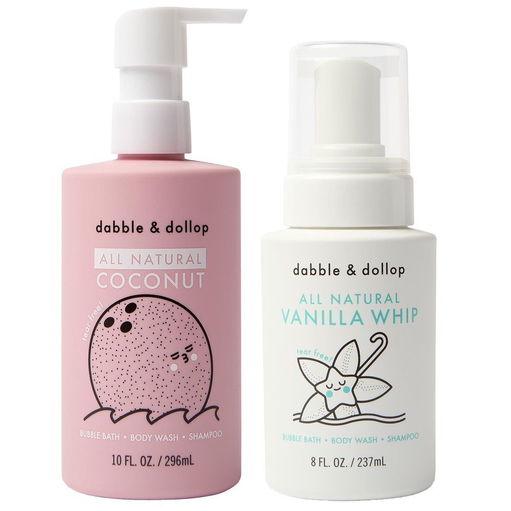Dabble & Dollop Coconut + Vanilla Body Wash & Shampoo 3-in-1 Natural Bubble Bath for Kids, No Parabens or Sulfates, Vegan, Gluten-Free, Tear-Free (2-Pack)