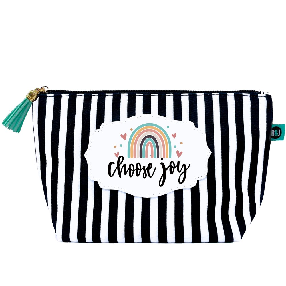 Brooke & Jess Designs Choose Joy Pouch Gifts for Women Striped Makeup Bags Cosmetic Bag Travel Toiletry Makeup Pouch Pencil Bag with Zipper Best Inspirational Birthday Just Because Gifts