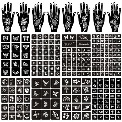 16 Sheets Henna Tattoo Stencils Kit Reusable for Women Girls and Kids,150+ PCS Temporary Indian Arabian Glitter Airbrush Tattoo Stencils for Face Body Paint DIY