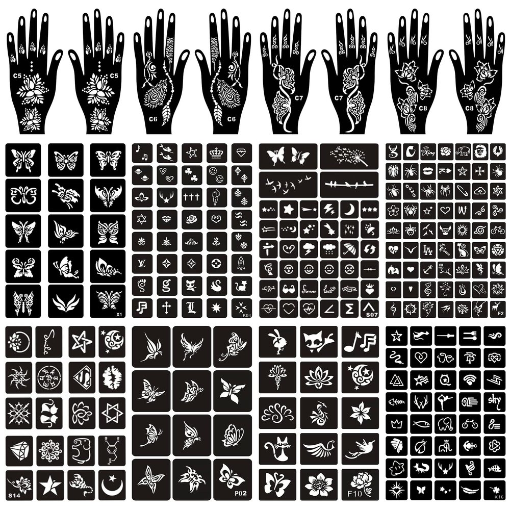16 Sheets Henna Tattoo Stencils Kit Reusable for Women Girls and Kids,150+ PCS Temporary Indian Arabian Glitter Airbrush Tattoo Stencils for Face Body Paint DIY