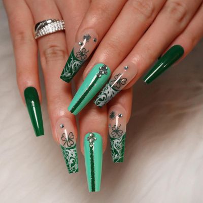 YoYoee Diamond Inlaid Manicure Press on Nails Long Coffin Fake Nails French False Nails Acrylics Ballerina Green Nails Tips for Women and Girls 24PCS
