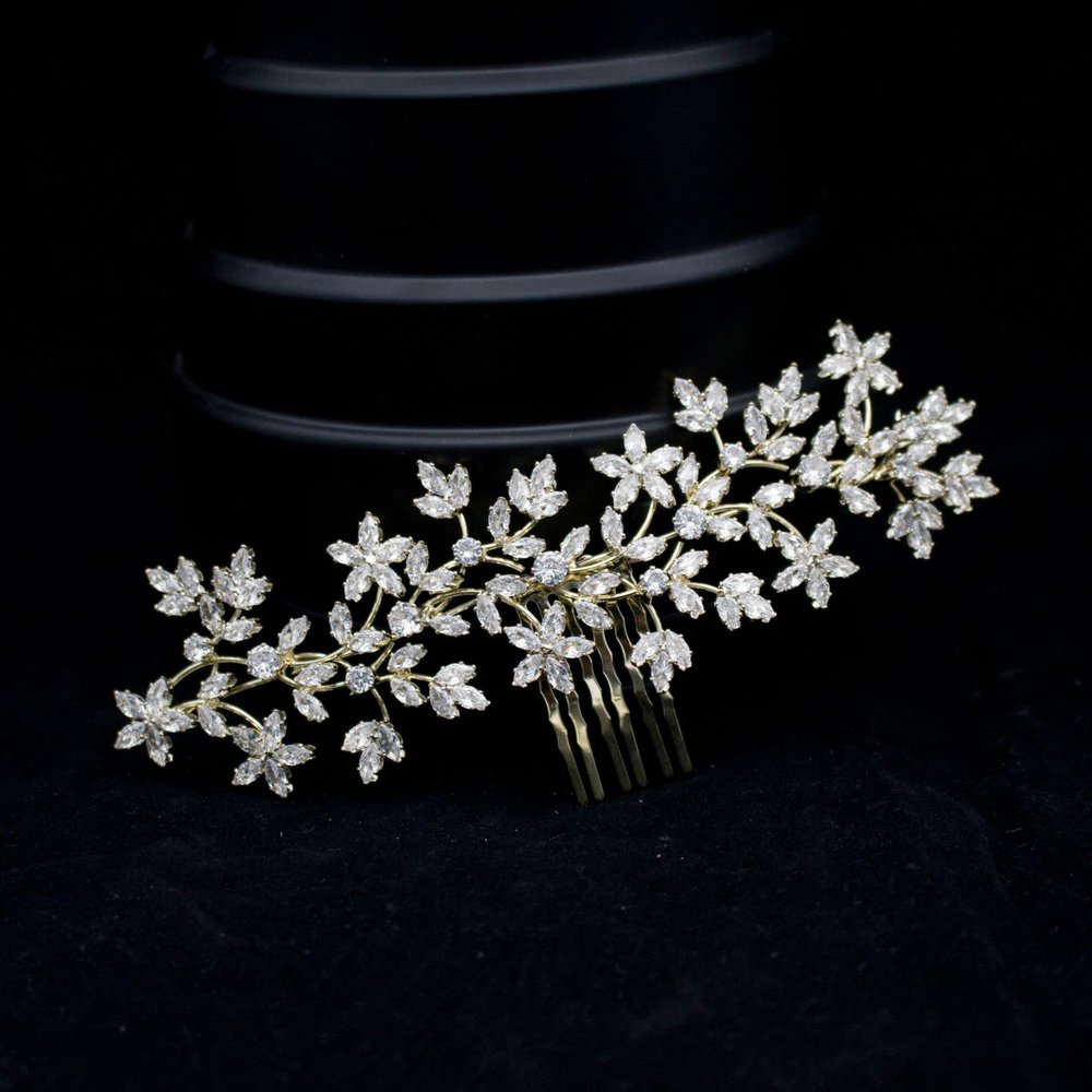Cubic Zirconia Bridal Hair Comb Crystal Flower Hair Clip CZ Hairpins for Bride Hair Pieces for Wedding Party Prom Silver Gold Jewelry Formal Hair Accessories for Women (Gold)