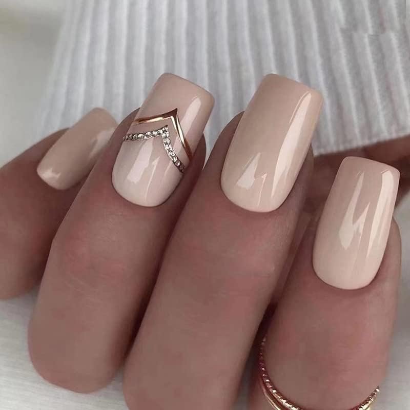 24pcs Cat's Eye Nail Art Press on Nails Fake Nails Square Glossy Short False Nail Tips Artificial Finger Manicure for Women and Girls (Nude)