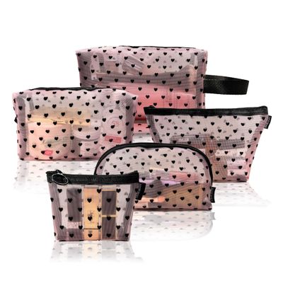 5 Pieces Mesh Heart Makeup Bags Sets, Zipper Mesh Cosmetic Bag Toiletry Bag, Travel Makeup Bags for Women, Small Items Storage Organizer Bags for Home Office Travel (Pink)