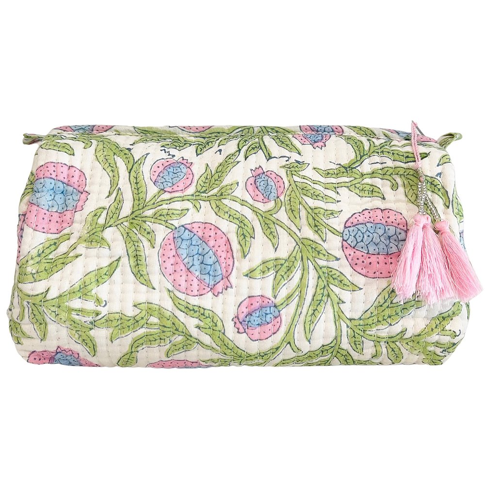 Palmetto Home Block Print Designer Toiletry Bag & Makeup Case - Boho Floral Quilted Pouch for Cosmetics
