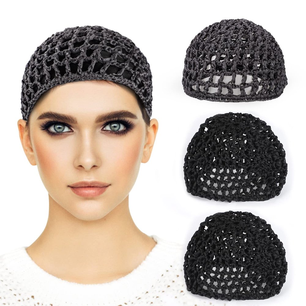 Etercycle 3 Pieces Mesh Crochet Hair Net Snoods for Women, Soft Rayon Knit Crochet Hairnet Hair Cover Accessory for Sleeping (Black, Black, Gray)