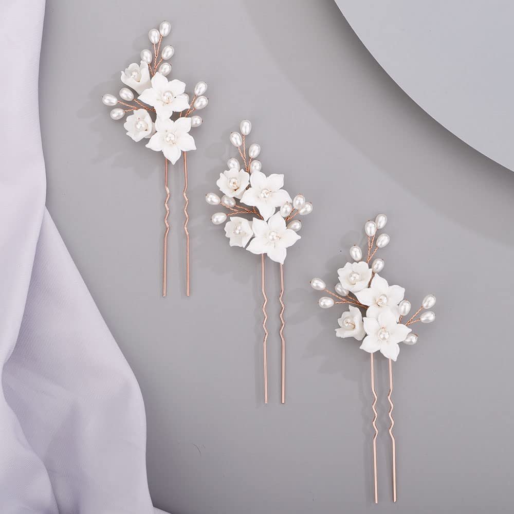 Chargances 3pcs White Flower Pearl Hair Pins Bridal Rose Gold Pearl Beaded Hair Pins Handmade Wedding Hair Accessories for Women Girls Bridesmaids (Rose Gold)