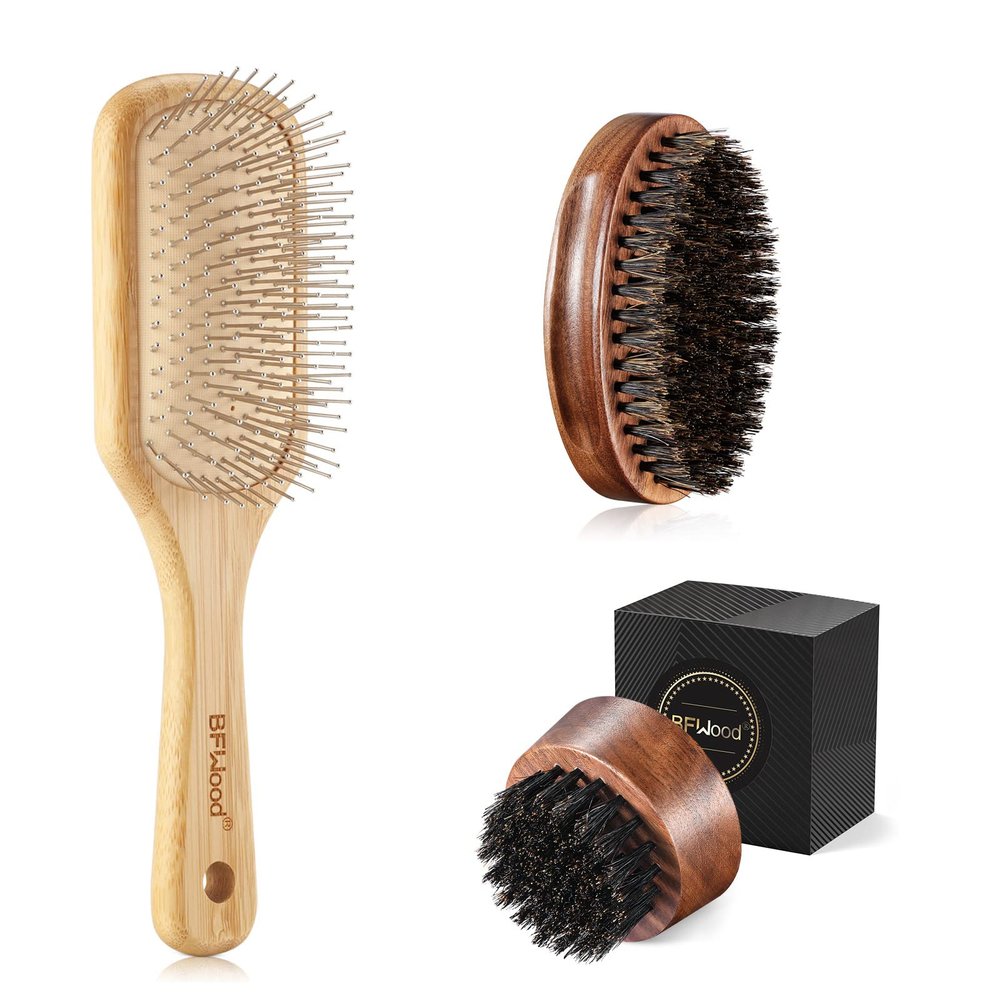 BFWood Bamboo Hair Brush with Steel Bristles and Boar Bristle Beard Brush