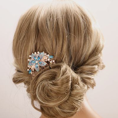 Aimimier Flower Crystal French Hair Comb Luxury Rhinestone Side Combs Long Teeth Hair Pins Hair Accessories for Bride and Bridesmaid(Blue)