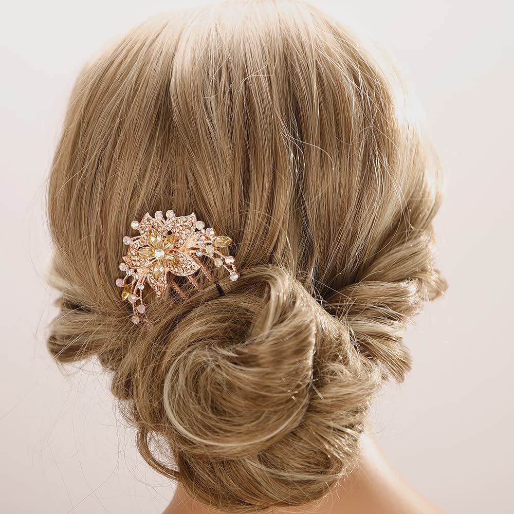 Aimimier Flower Crystal French Hair Comb Luxury Rhinestone Side Combs Long Teeth Hair Pins Bridal Hair Accessories for Women Girls(Champagne)