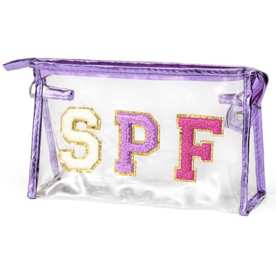 AsodSway Preppy Patch SPF Clear Cosmetic Bag SPF Varsity Letter Toiletry Bag Waterproof PVC Cosmetic Case Multi-Function Zippered Pouch Makeup Bag for Beach Pool, Pencil Case Pen Pouch(Purple)