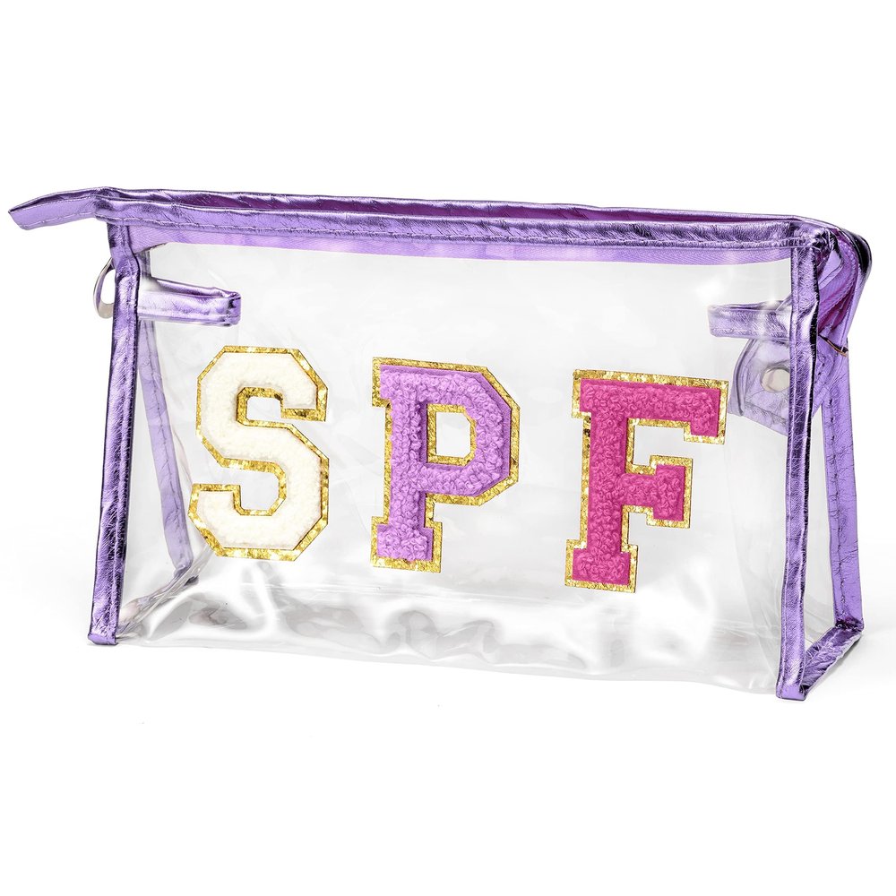 AsodSway Preppy Patch SPF Clear Cosmetic Bag SPF Varsity Letter Toiletry Bag Waterproof PVC Cosmetic Case Multi-Function Zippered Pouch Makeup Bag for Beach Pool, Pencil Case Pen Pouch(Purple)