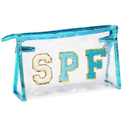 AsodSway Preppy Patch SPF Clear Cosmetic Bag Valentine's Day SPF Varsity Letter Toiletry Makeup Bag Waterproof PVC Cosmetic Case Multi-Function Zippered Pouch for Beach Pool, Pencil Pen Case(Blue)
