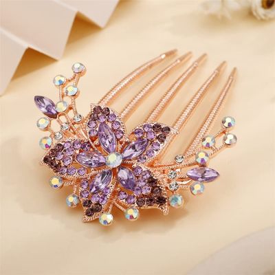 Aimimier Flower Crystal French Hair Comb Luxury Rhinestone Side Combs Long Teeth Hair Pins Fashion Hair Accessories for Women (Purple)