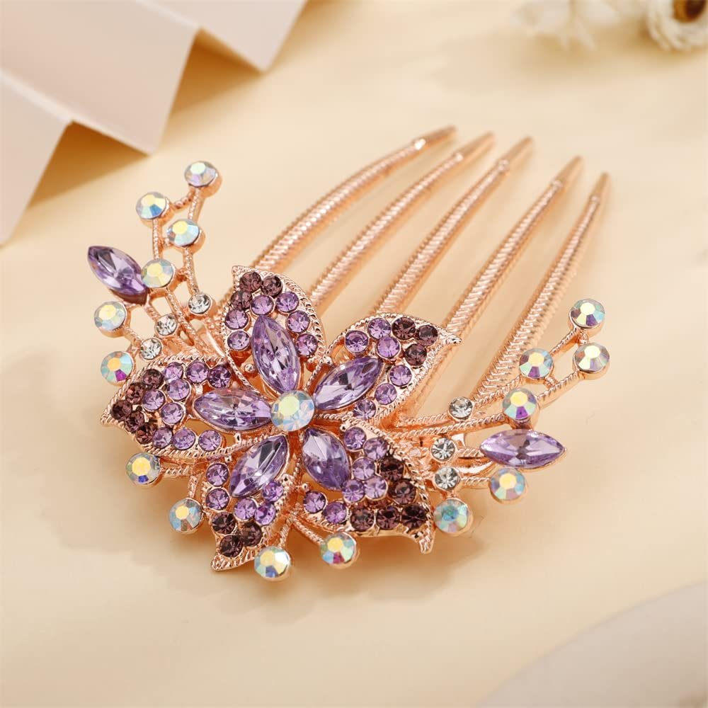 Aimimier Flower Crystal French Hair Comb Luxury Rhinestone Side Combs Long Teeth Hair Pins Fashion Hair Accessories for Women (Purple)
