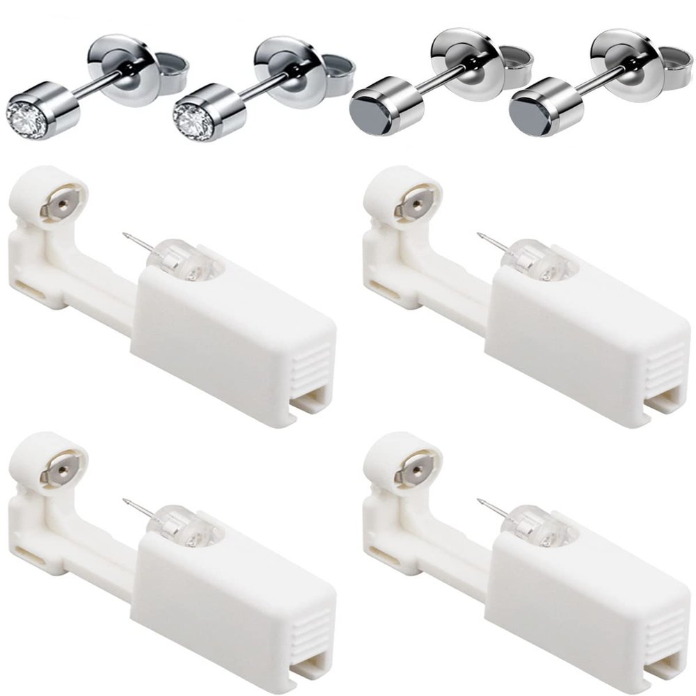 Orglace 4 Pack Ear Piercing Kit,Disposable Ear Piercing Gun with Cubic Zirconia Earring Studs,Self Ear Piercer Kit for Salon at Home (White-Black)