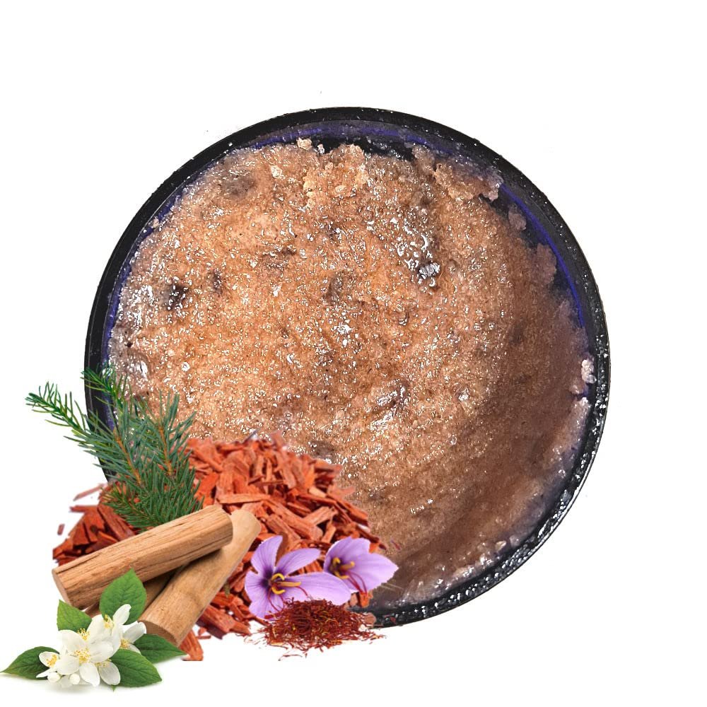 Face & Body Skin Scrub - Real EXQUISITE SANDALWOOD Herbal Cleansing Exfoliating - Dead Sea & Himalayan Pink Salts, Saffron, Amber, Jasmine - Botanical Extracts and Essential Oils - All Natural - 1Gal