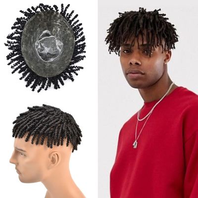 Afro Kinky Twist Crochet Braids Hair for Black Men 8X10 African American Human Hair System Replacement Toupee All PU Injected Poly Thin Skin Hair Piece Mens Wig 6MM-6",1B# Off Black