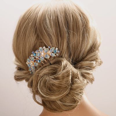 Aimimier Double Flower Crystal French Hair Comb Shinny Rhinestone Gem Side Combs Long Teeth Hair Clips Bridal Hair Accessories for Women Girls(Blue)