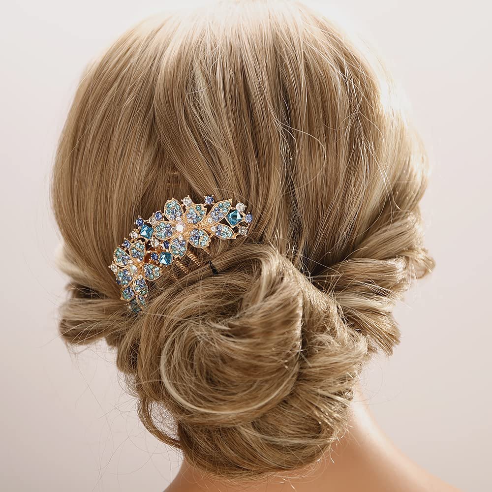 Aimimier Double Flower Crystal French Hair Comb Shinny Rhinestone Gem Side Combs Long Teeth Hair Clips Bridal Hair Accessories for Women Girls(Blue)