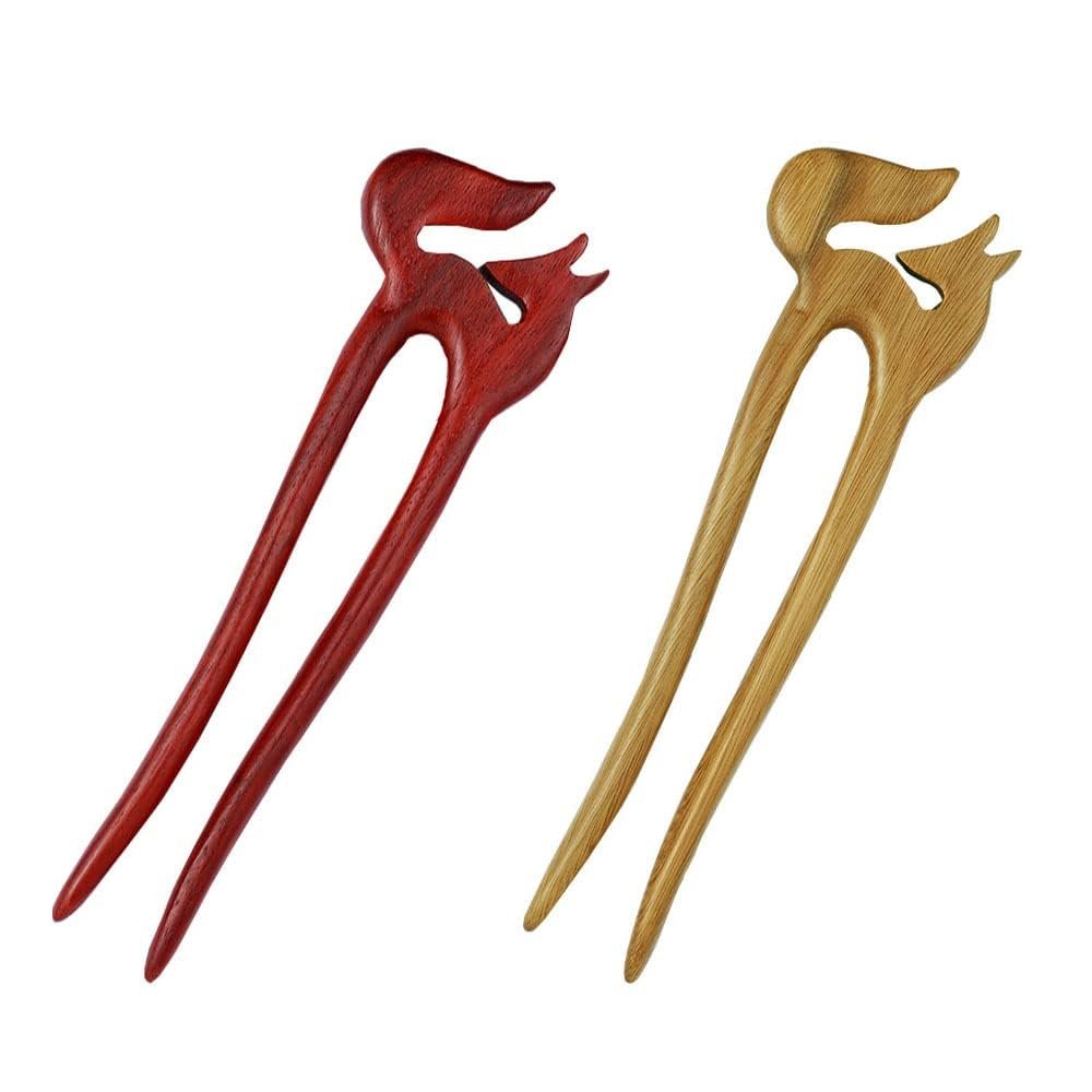 CHOISBEING Wooden Hair Forks U Shape Hair Stick for Long Hair Handmade French Hairpin Wood Vintage Two Prong Hair Clip for Women Hair Accessories (2pack fox hair pins)