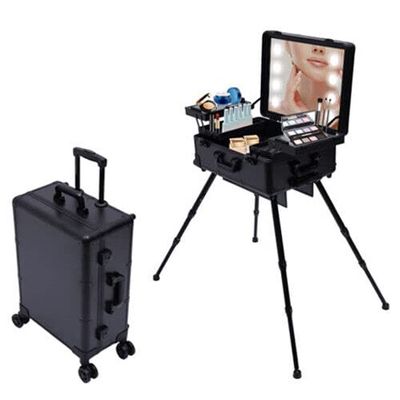 BJTDLLX Rolling Cosmetic Organizer w/locks, 22" Makeup Train Case with Mirror & LED Lamp, Professional Rolling Makeup Train Case Cosmetic Trolley Makeup Storage Organizer Cosmetic Organizer Box -Black