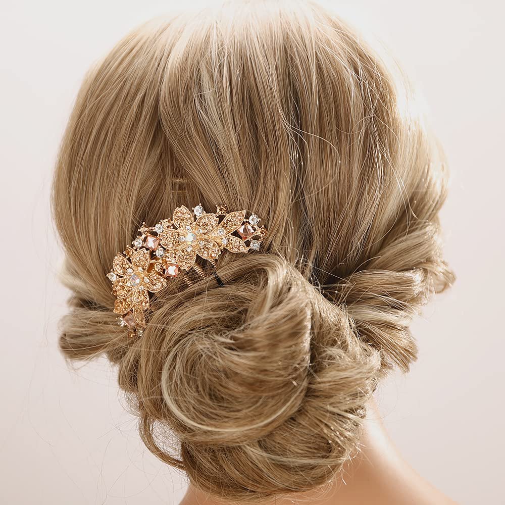 Aimimier Flower Crystal Hair Comb Decorative Rhinestone Gem Side Combs Long Teeth Hair Pins Updo Hair Accessories for Bride and Bridesmaid(Champagne)