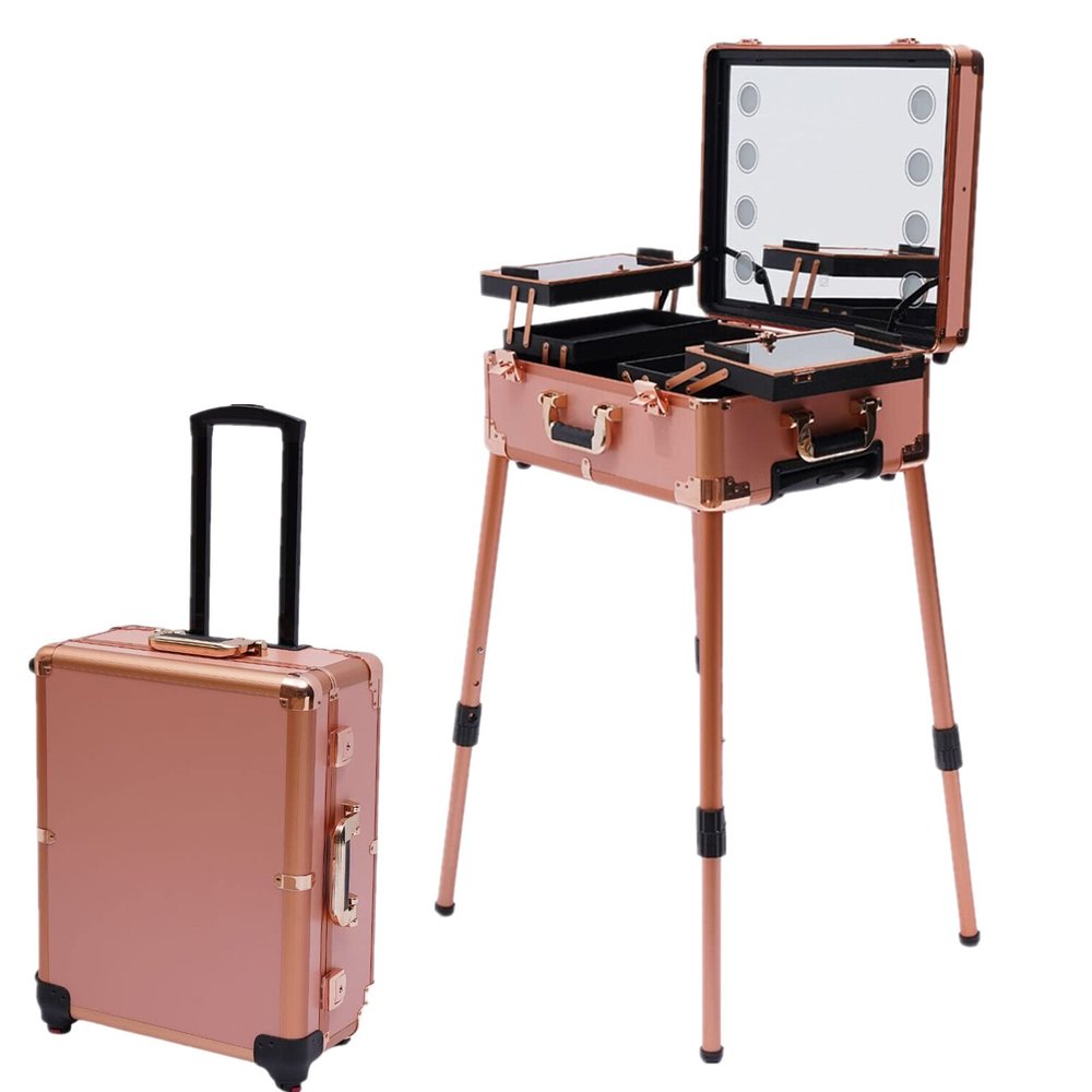 BJTDLLX Rolling Cosmetic Organizer w/locks, 22" Portable Makeup Station with Mirror & LED Lamp, Professional Rolling Makeup Train Case Cosmetic Trolley Makeup Storage Organizer Makeup Train Case