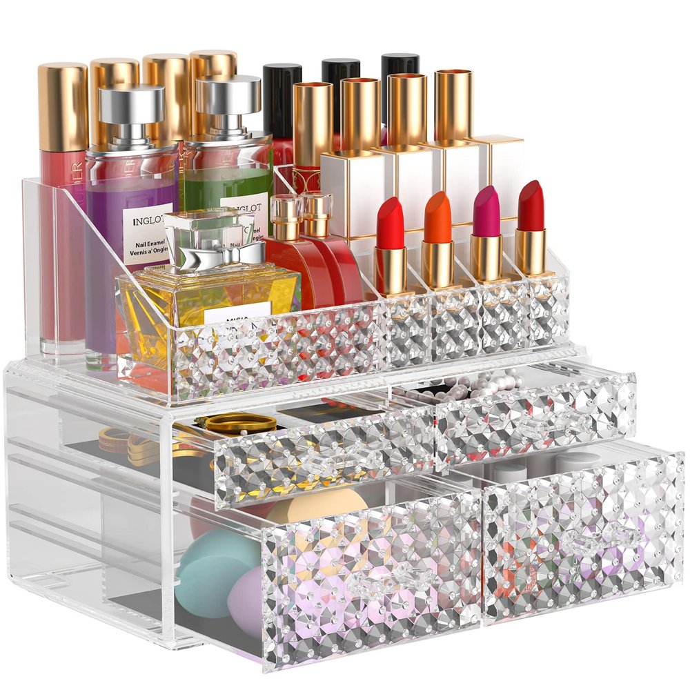2 Pack Makeup Organizer with Drawers[Upgraded]-Acrylic Make up Organizers and Storage Case for Cosmetics,Brush,Perfume,Jewelry Display, Vanity and Bathroom Accessories