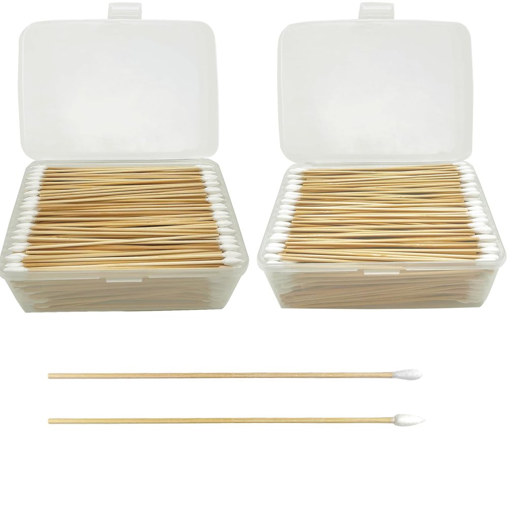 1200ct Pointed and Round Long Cotton Swabs With Reusable Box - 100% Natural Cotton Buds With Wooden Sticks - Non Sterile Cotton Tipped Applicators For Ear & Gun Cleaning Tools, Makeup Remover