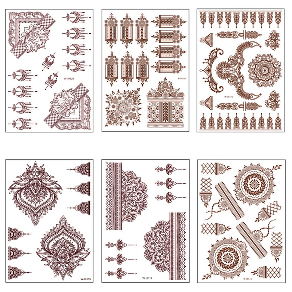 Temporary Tattoos,Henna Tattoos Brown Red Tattoos Sticker Lace Temporary Tattoos Waterproof Body Stickers For Women Girls Body Art 6Sheets
