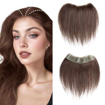 viviaBella Unisex Women Men's Toupee Straight Tape on Human Hair V-shape Hairline Hair Extension PU Thin Biological Base Hair Toppers Replacement (1.57 * 7 inch, 6 inch, Medium Brown)