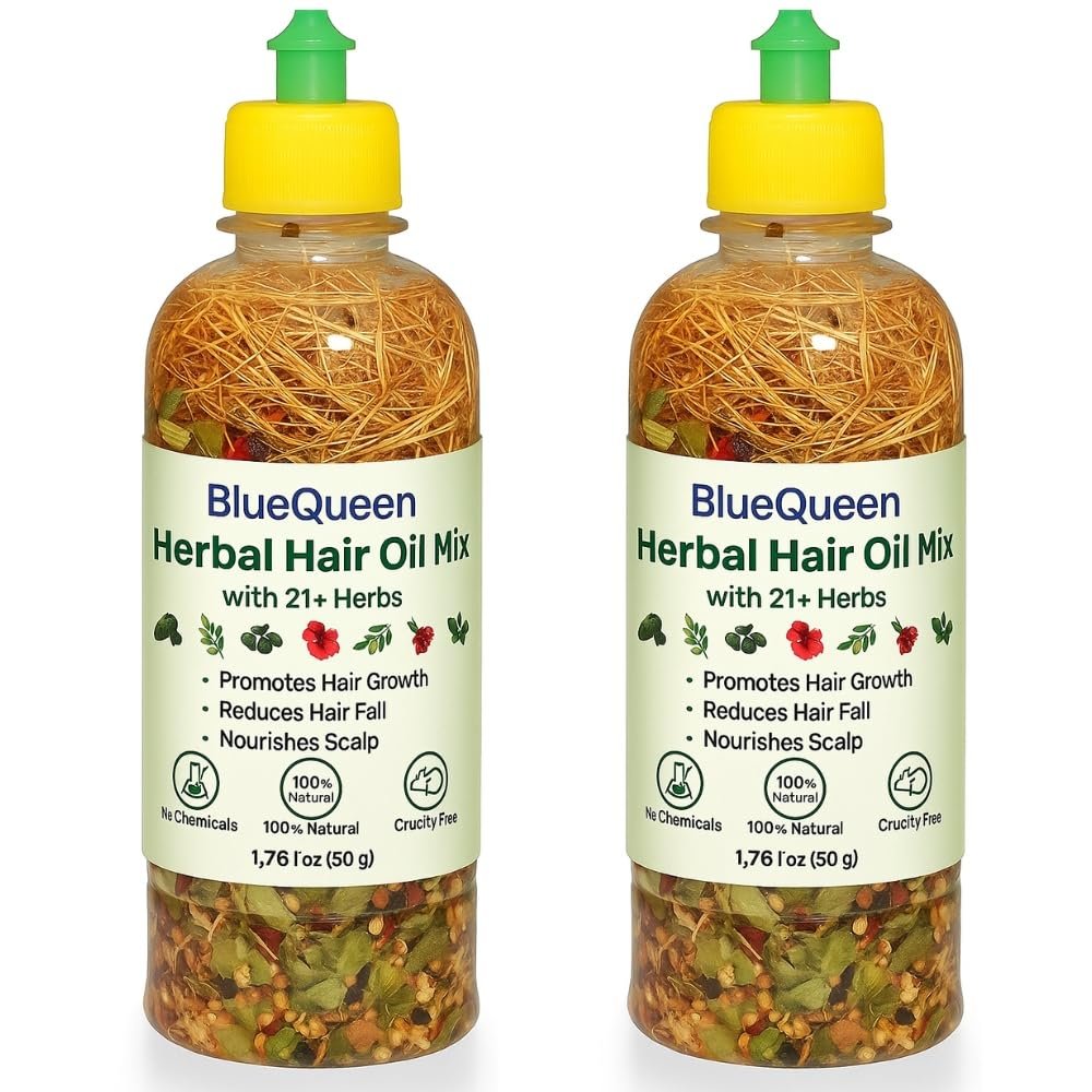 BlueQueen Herbal Hair Oil Mix of 21 Herbs for Thick Long Hair Growth 50 grams, Hairfall, Hair Repair, Scalp Care, Haircare Products Both for Men & Women - 1.76 Floz - Pack of 2
