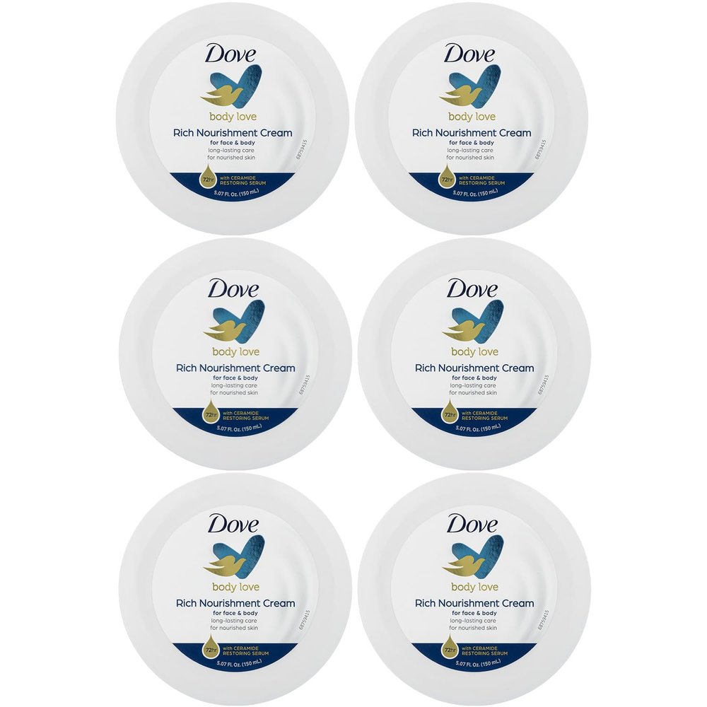 Dove Body Love Rich Nourishment Cream, Face, Hand & Body Lotion for Extremely Dry Skin, Fast-Absorbing 72-Hour Moisturizing Cream with Ceramide Serum, 5.07 Fl Oz (Pack of 6)
