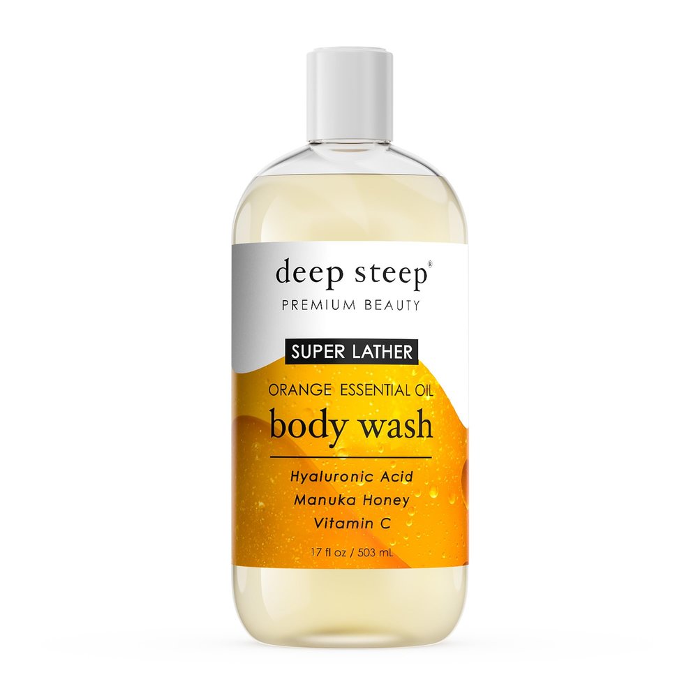 Deep Steep Super Lather Body Wash, Orange, 17 oz Hydrating Shower Gel with Hyaluronic Acid, Manuka Honey, & Orange Essential Oil Vegan, Clean Beauty, Clean & Refreshed Skin