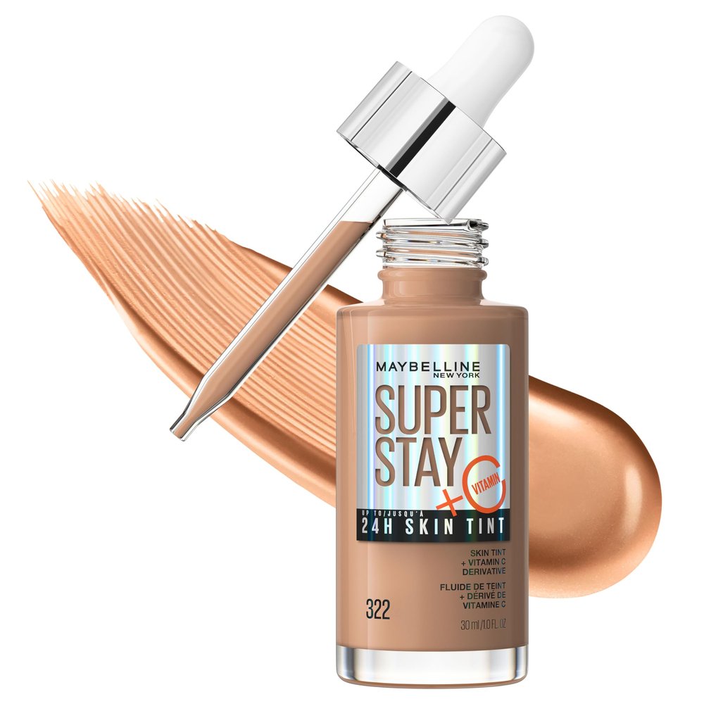 Maybelline Super Stay Up to 24HR Skin Tint, Radiant Light-to-Medium Coverage Foundation, Makeup Infused With Vitamin C, 322, 1 Count