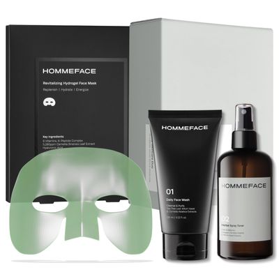 HOMMEFACE Mens 2-Step Daily Skincare Kit + 5 Facial Sheet Mask Set Bundle